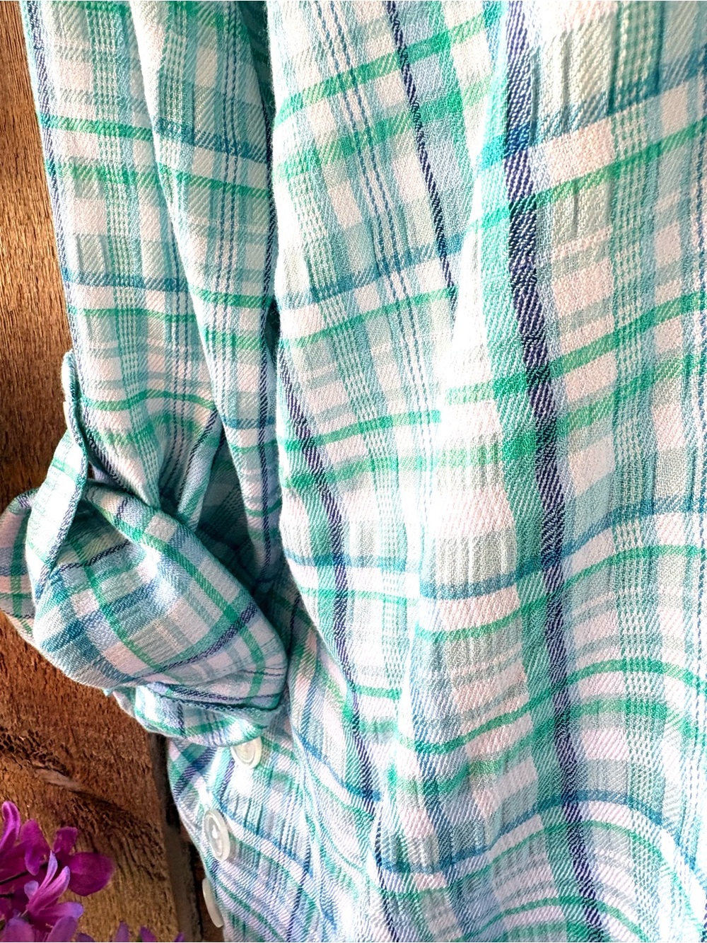 Joan Rivers Aqua Plaid Soft Puckered Roll Tab Sleeve Option Button Front Shirt - Picture 4 of 10